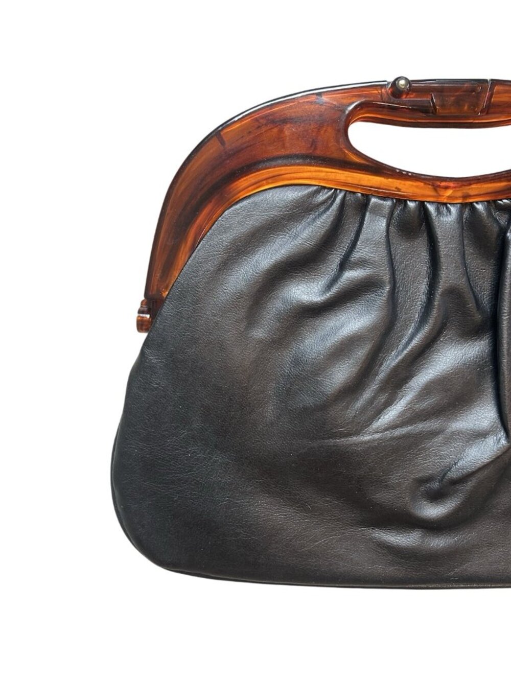 Vintage Black Leather Handbag Tortoiseshell Lucite Frame Clutch Purse Retro MCM - Picture 2 of 16